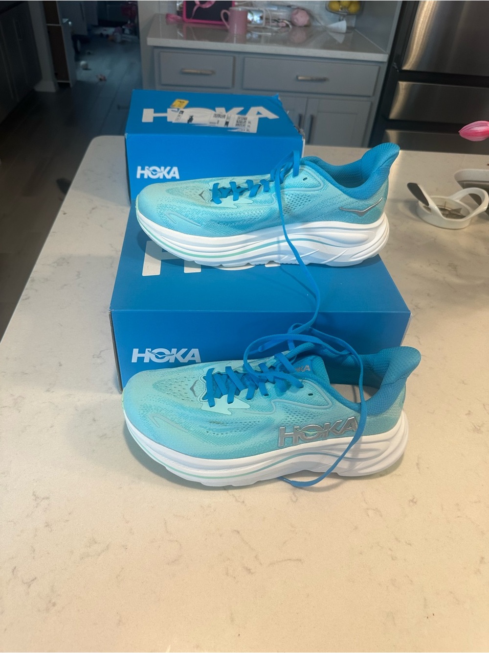 Hoka Women's Running Shoes in Aqua Blue and White